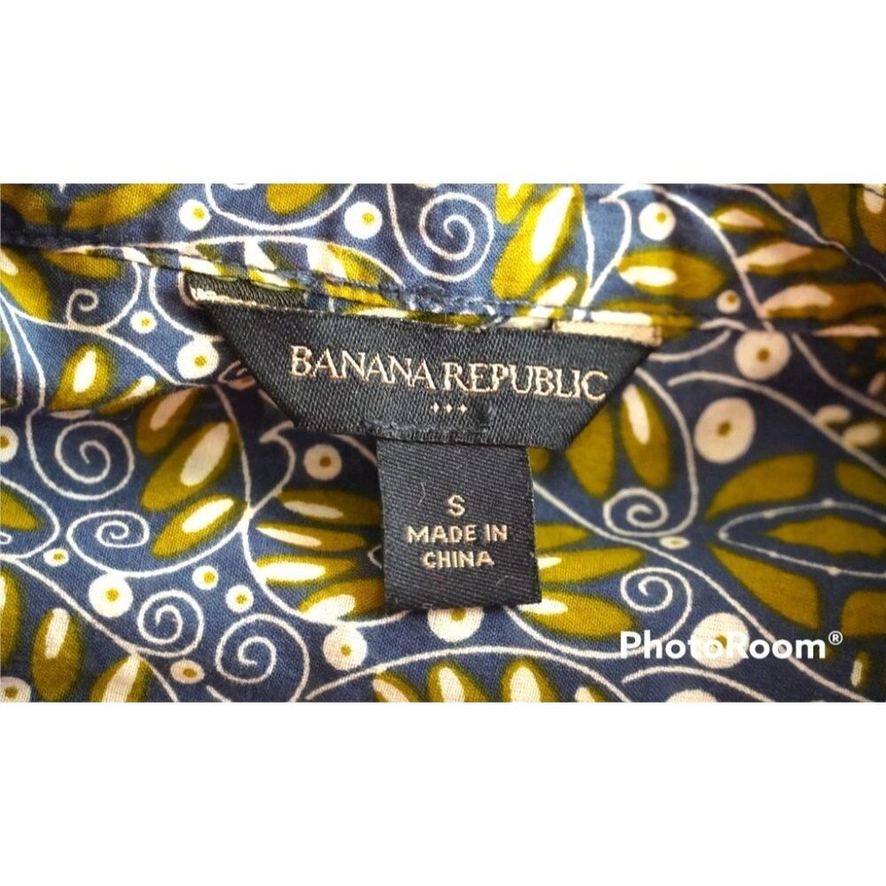 Banana Republic Boho Leaf Batik Blouse Sz Small Mandarin Collar Puff Sleaves Cot - Picture 10 of 11